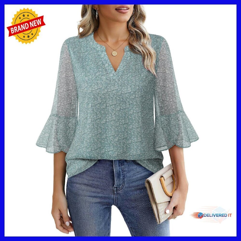 Floral Embroidered 3/4 Sleeve Chiffon Blouse Work Office Tunic Top